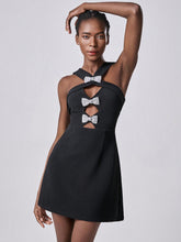 Lumivelle Knitted Texture Front Cutout Bow Accent Women Party Dress, Black Dress, Bow Dress